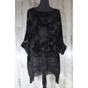 Basically Me Top Black Floral Burnout Velvet Fringed Witchy Gothic Ethereal Boho